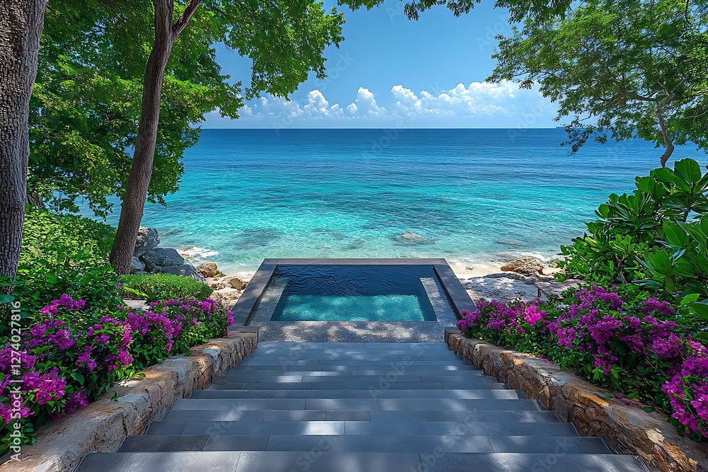 Obraz premium A stunning modern luxury villa with an infinity pool overlooking the ocean at sunset. The sleek architectural design, open-concept living space, and breathtaking view evoke elegance and exclusivity