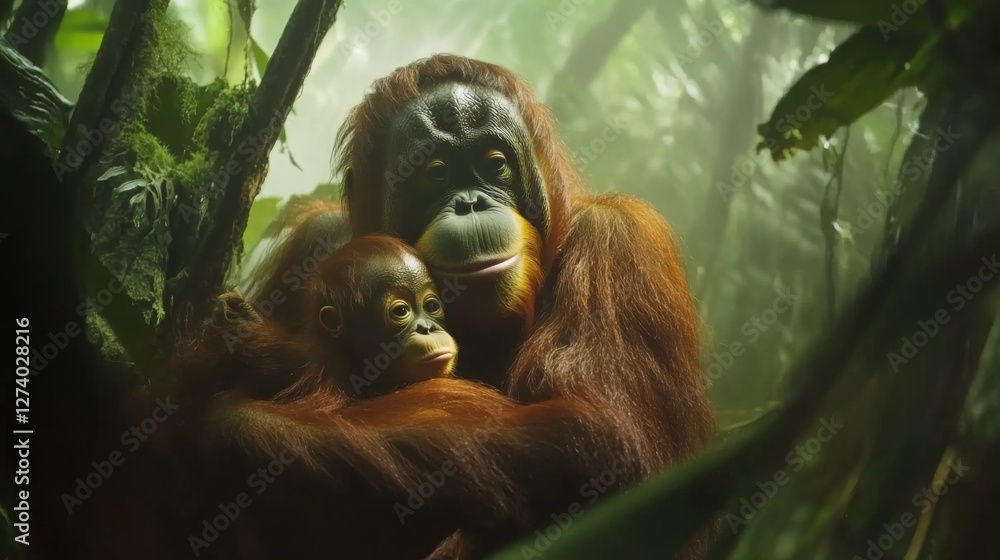 Fototapeta premium Orangutan Mother and Baby in Jungle