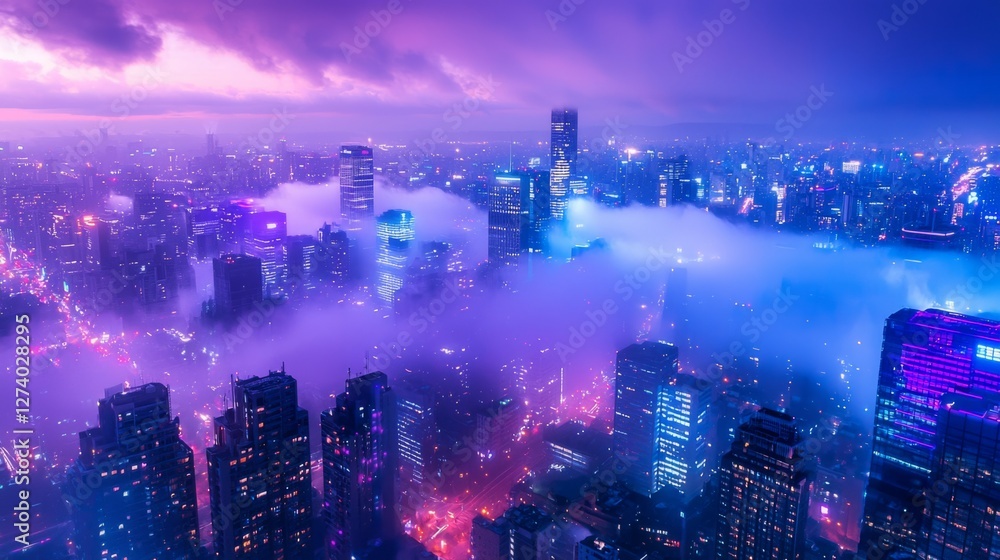 Fototapeta premium Aerial Cityscape with Fog and Neon Lights at Twilight Dusk