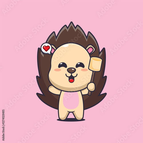 hedgehog mascot cartoon character vector illustration eating marshmallow