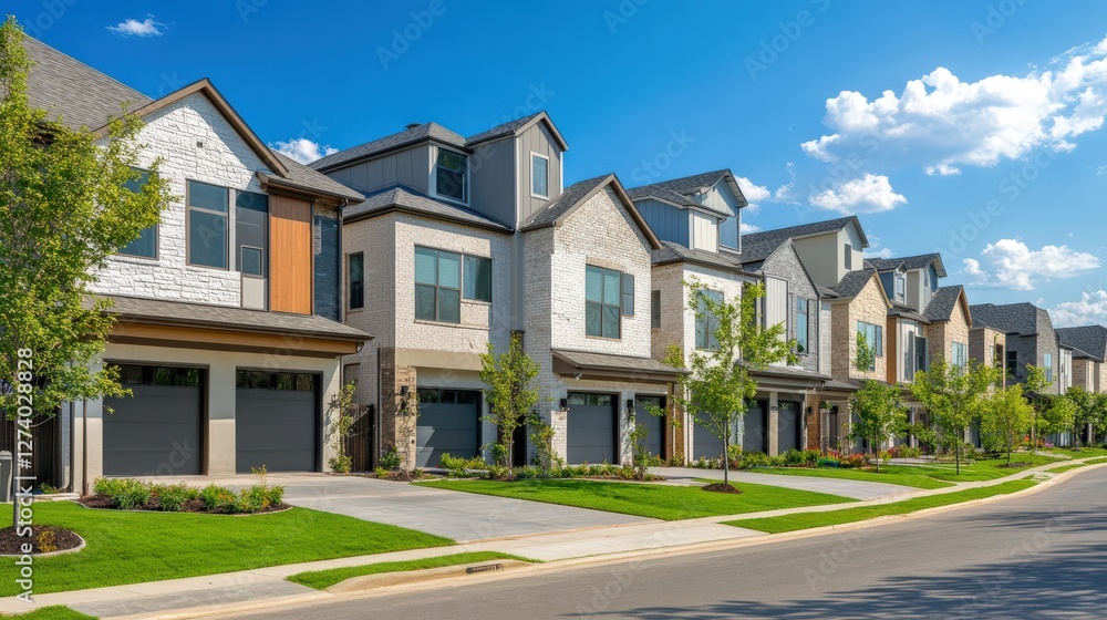 Modern suburban row of new two-story houses in sunny neighborhood Modern suburban row of new two-story houses in sunny neighborhood