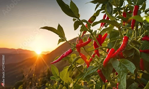 Red Chili Peppers at Sunset in Mountainous Landscape