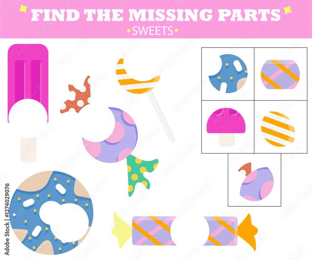 Matching game for kids, sweets theme. Find the missing parts logic task. Match the right picture. Colorful educational game for children. Matching game for kids, sweets theme. Find the missing parts logic task. Match the right picture. Colorful educational game for children.