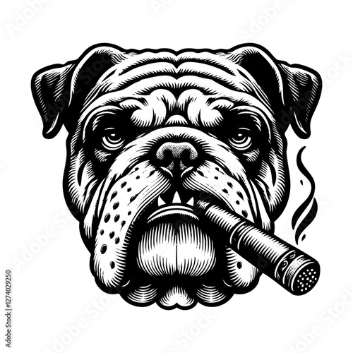 Pitbull dog smoking cigar sketch engraving black and white outline. Scratch board imitation.  illustrated in vintage line art style on a white background.

