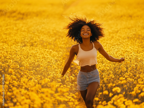 young woman in yellow field photo of an black girl running in a field of gold flowers in a spring day, photo realistic, cinematic,