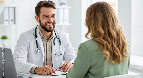 smiling male doctor in white coat, Consulting with female patient, during medical check-up at clinic,health care,medical student
