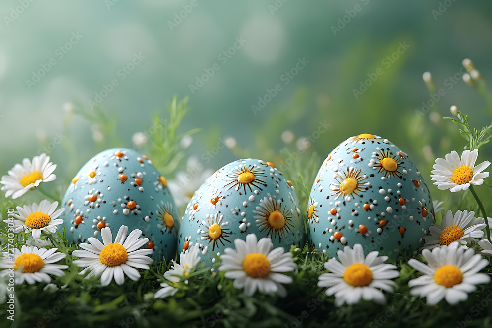 A beautifully arranged Easter composition featuring pastel-colored eggs decorated with intricate floral patterns, accompanied by fresh flowers against a soft pastel background A beautifully arranged Easter composition featuring pastel-colored eggs decorated with intricate floral patterns, accompanied by fresh flowers against a soft pastel background