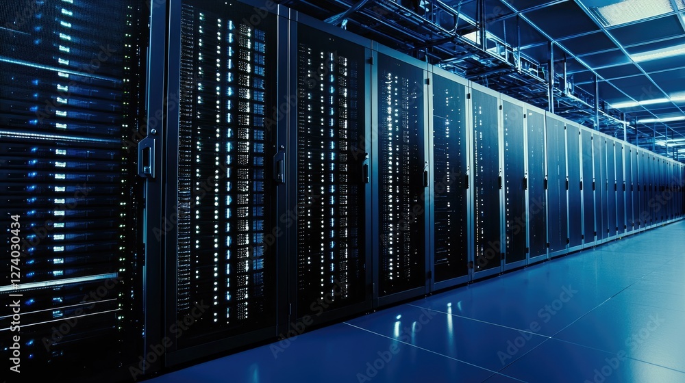 Fototapeta premium A high-tech data center with glowing blue server racks and structured cabling, representing cloud computing and cybersecurity. Ideal for technology and digital infrastructure concepts
