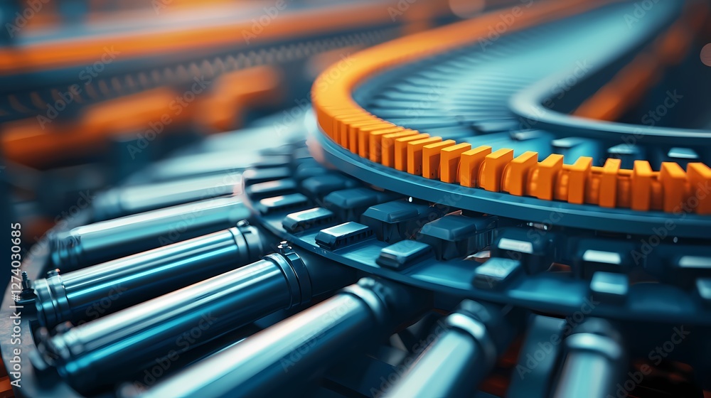 A close-up view of a mechanical conveyor system featuring metallic rollers and vibrant orange gears, emphasizing industrial design and engineering. A close-up view of a mechanical conveyor system featuring metallic rollers and vibrant orange gears, emphasizing industrial design and engineering.