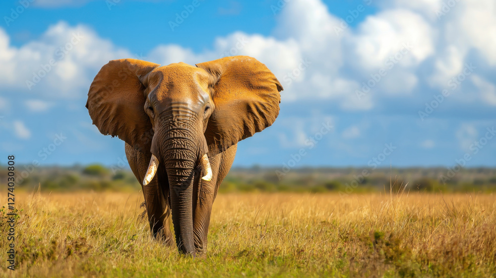 Fototapeta premium Vibrant African elephant roaming in savannah under blue sky