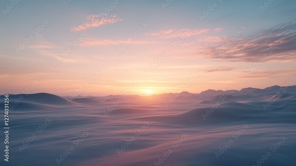 Stunning sunrise over serene snow-covered landscape with gentle undulating hills at dawn Stunning sunrise over serene snow-covered landscape with gentle undulating hills at dawn