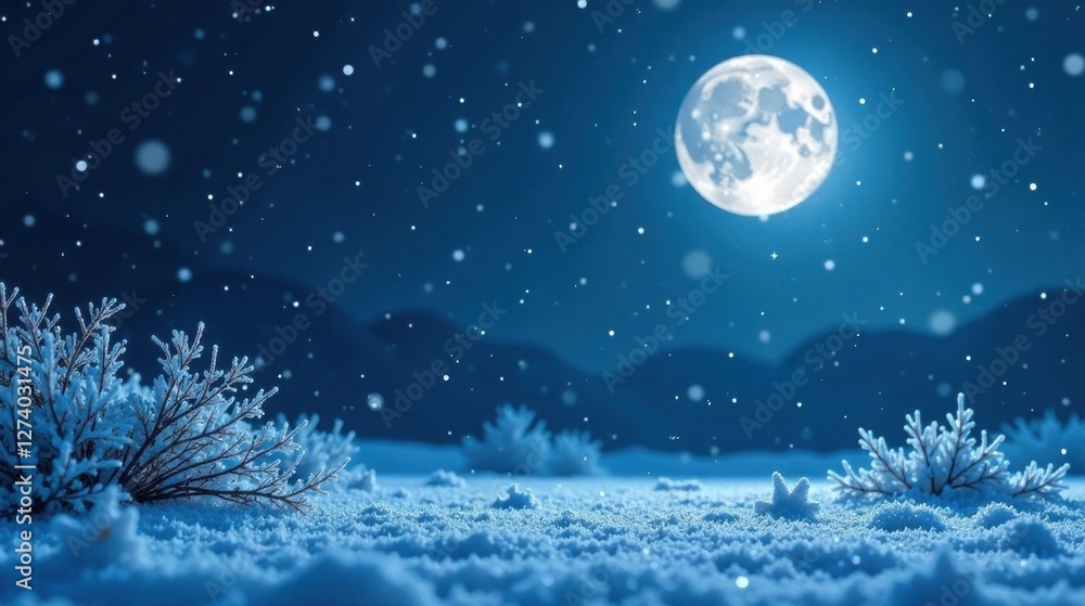 Fototapeta premium Serene Winter Night Scene Frosty Plants Under a Bright Moon and Falling Snow