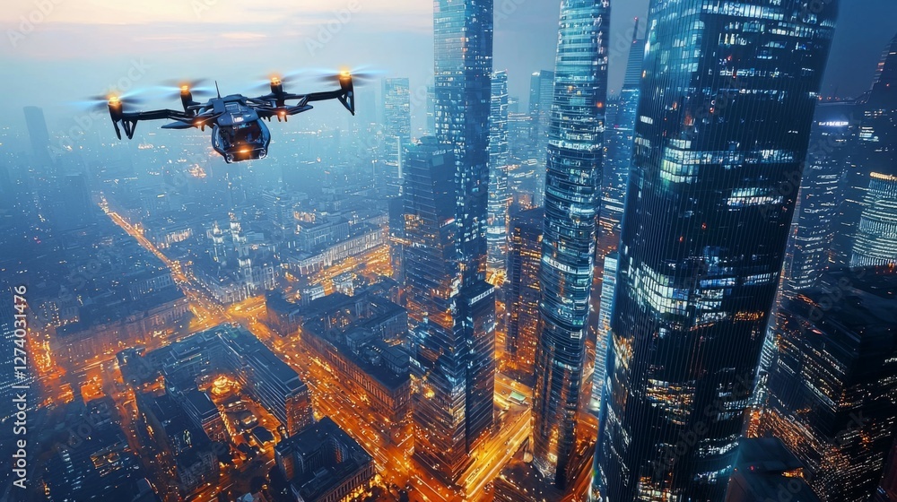 Naklejka premium Aerial View of a Drone Flying Over a Modern Cityscape at Night