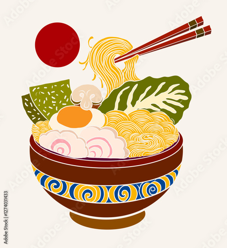 Elements for noodle on menu.Traditional Japanese ramen and wave for restaurant printing on wallpaper.Ramen vector illustration for doodle art.Sunrise with chopsticks vector for painting on background.