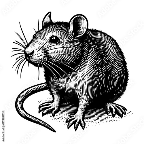 Rat sketch engraving black and white outline. Scratch board imitation.
