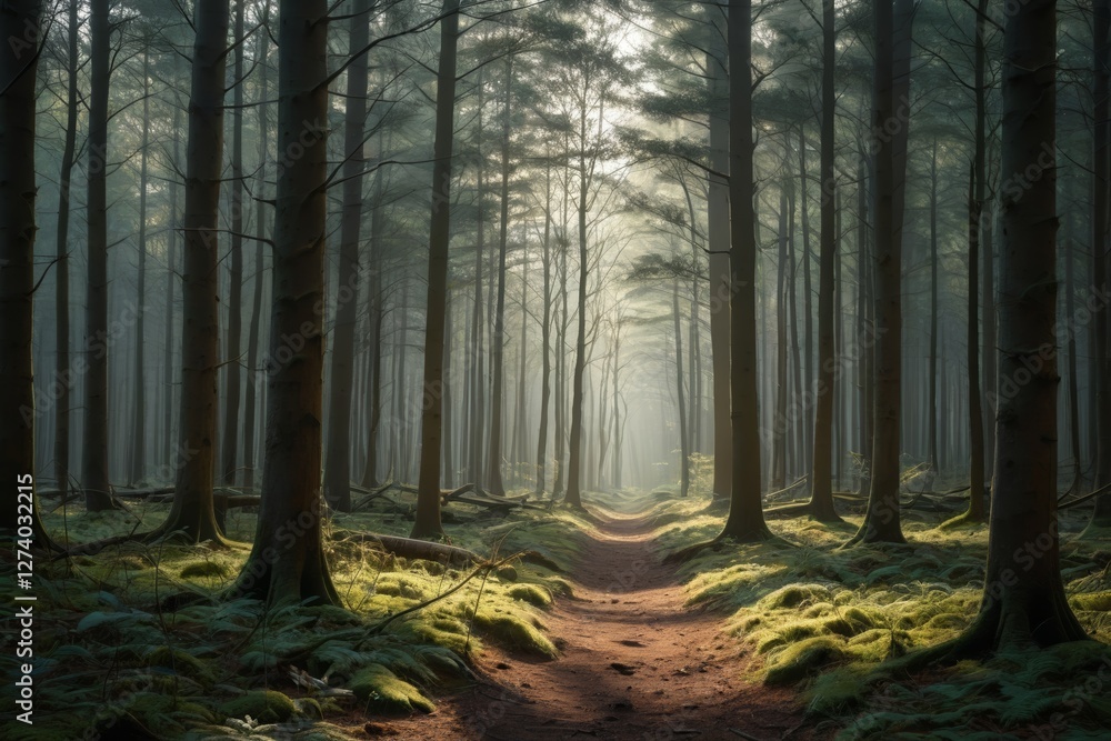 Fototapeta premium arafed path in a forest with a sunbeaming light
