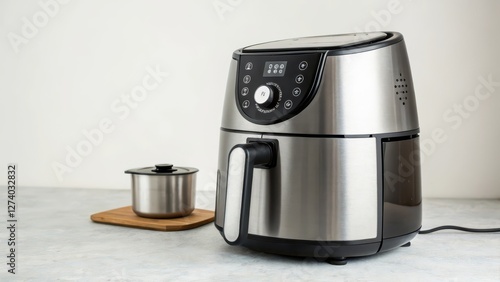 Stainless Steel Air Fryer with Small Pot on White Background