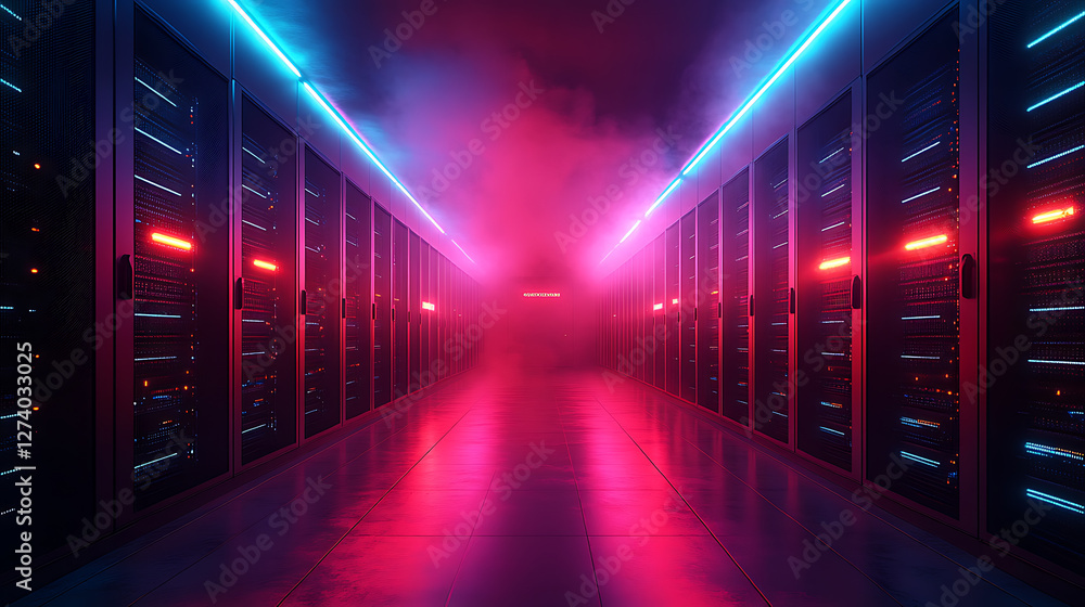 A futuristic data center with glowing server racks and colorful LED lighting, symbolizing high-performance computing, cloud technology, and cybersecurity A futuristic data center with glowing server racks and colorful LED lighting, symbolizing high-performance computing, cloud technology, and cybersecurity