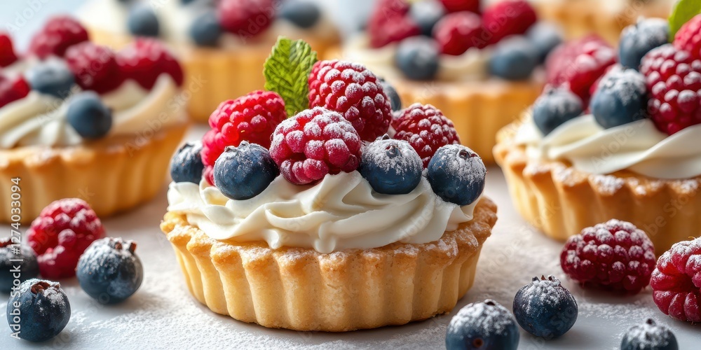 Dessert display featuring fresh berry tarts with whipped cream and mint leaves in a bright kitchen setting Dessert display featuring fresh berry tarts with whipped cream and mint leaves in a bright kitchen setting