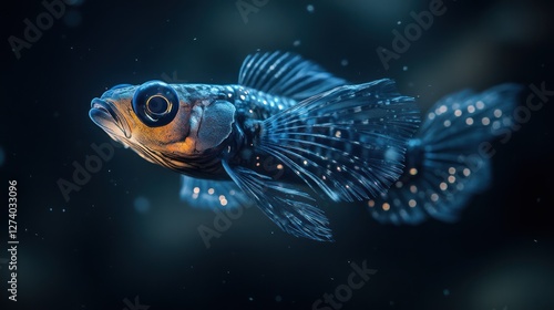 A glowing deep-sea lanternfish in pitch-black darkness, cinematic lighting