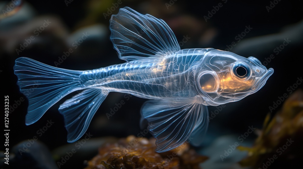 A glowing glass catfish, transparent body, illuminated softly A glowing glass catfish, transparent body, illuminated softly