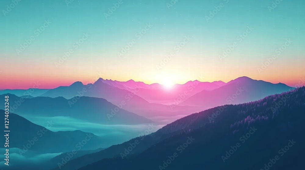 Fototapeta premium Dreamlike minimalist vector artwork, smooth and layered blue-green mountains, soft pink glowing trees, a star-filled night sky, and a subtle warm gradient in the background