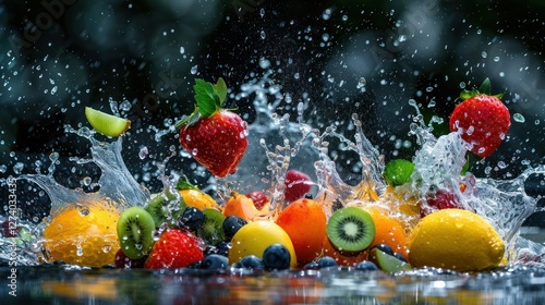 A vibrant splash of various fruits in water, showcasing freshness and vitality.