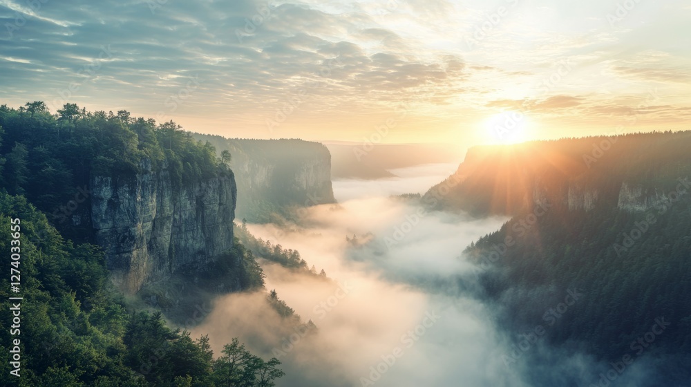Fototapeta premium Serene Sunrise over Misty Valley and Cliff Landscape in Nature