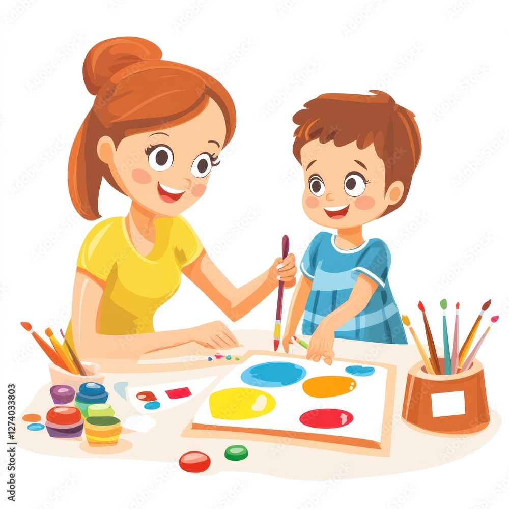 A Joyful Painting Session: Mother and Son Create Colorful Masterpiece A Joyful Painting Session: Mother and Son Create Colorful Masterpiece
