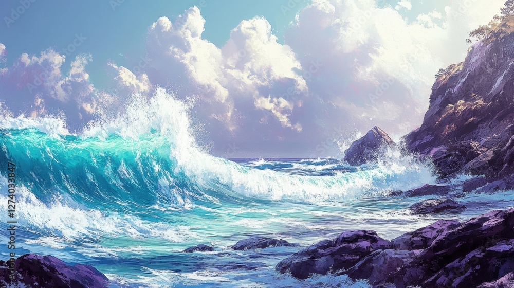 Fototapeta premium Turquoise Waves Crash Against Rocky Shore Under Bright Sky