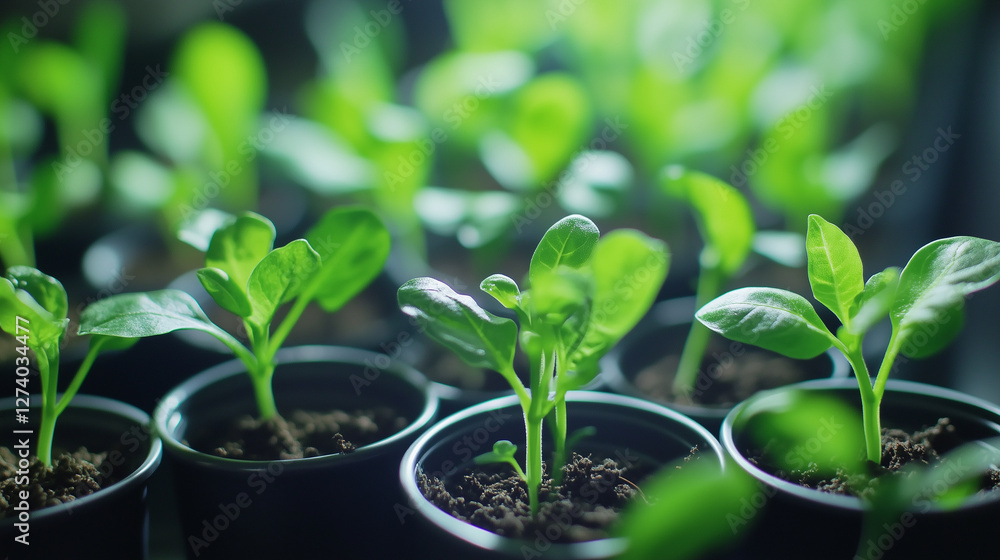 Seedling plants in black pots on a seedling tray Seedling plants in black pots on a seedling tray