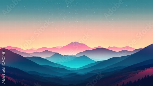 Aesthetic minimalist vector art, a mountain valley with green and blue tones, soft pink foliage, crisp night sky with twinkling stars, modern and flat design using clean shapes and limited colors