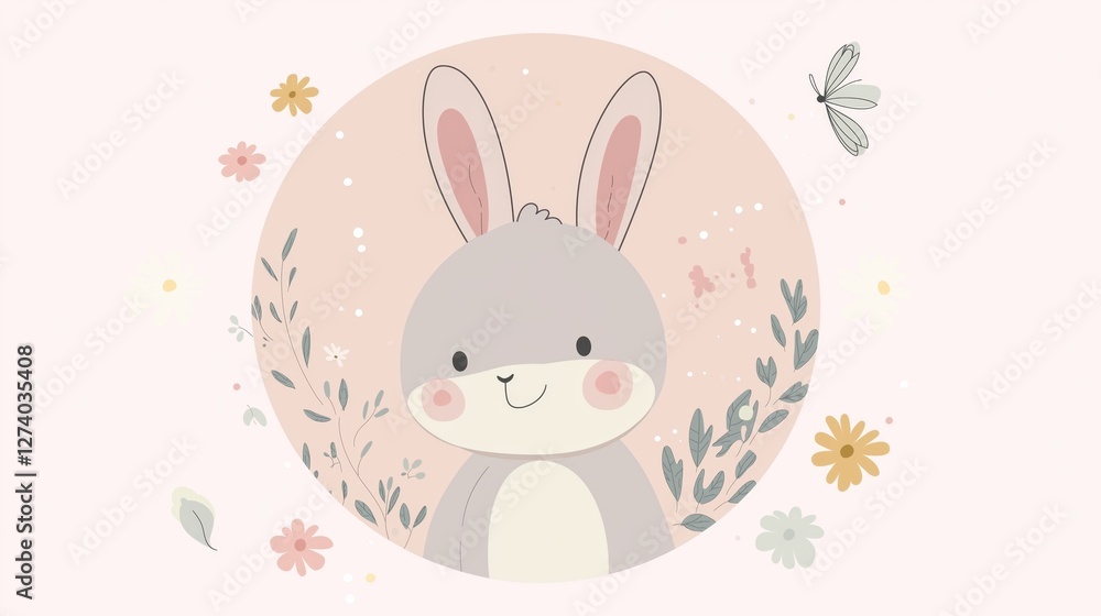 Fototapeta premium Cartoon bunny sitting amid delicate floral circle, featuring soft pastel hues and rosy cheeked character embodying playful children's design aesthetic