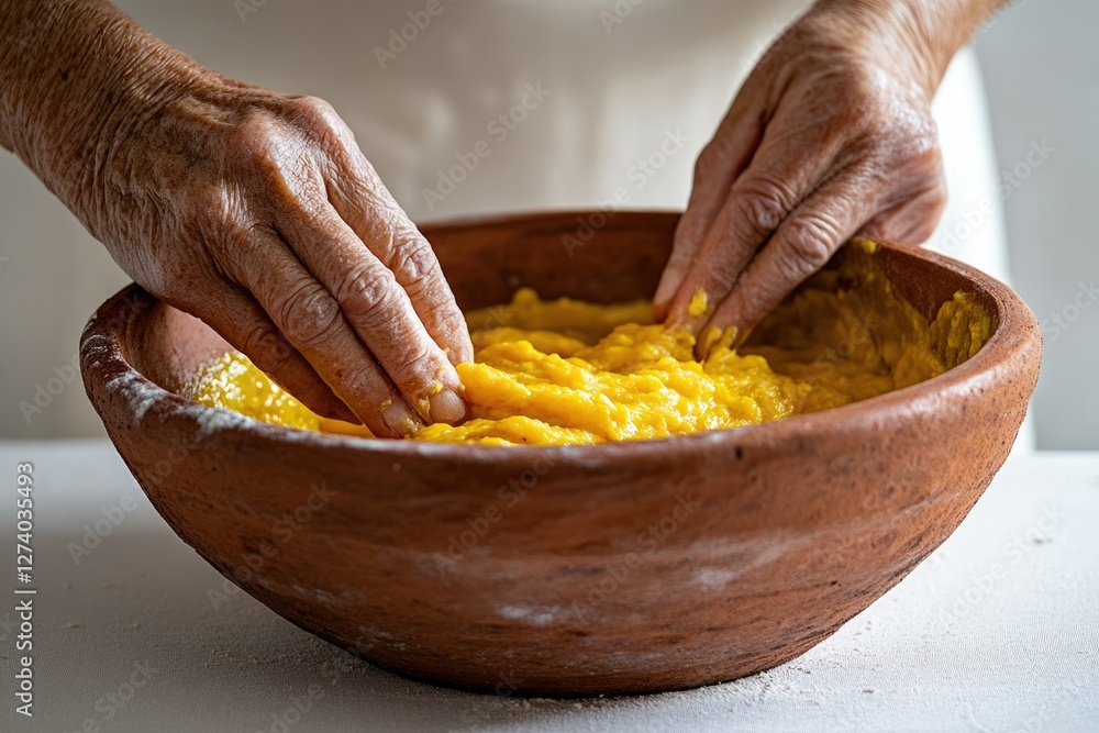 Elderly hands mixing vibrant yellow dough in a rustic terracotta bowl, a culinary tradition. Elderly hands mixing vibrant yellow dough in a rustic terracotta bowl, a culinary tradition.