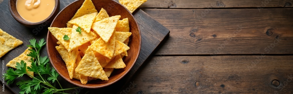 Overhead close-up of crispy tortilla chips in wooden bowl on rustic table with fresh parsley. Savory snack composition presents traditional Mexican fast food cuisine. Table setting displays culinary Overhead close-up of crispy tortilla chips in wooden bowl on rustic table with fresh parsley. Savory snack composition presents traditional Mexican fast food cuisine. Table setting displays culinary