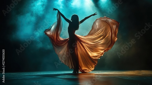 Dynamic dancer showcases graceful movement with flowing fabric in artistic performance photo