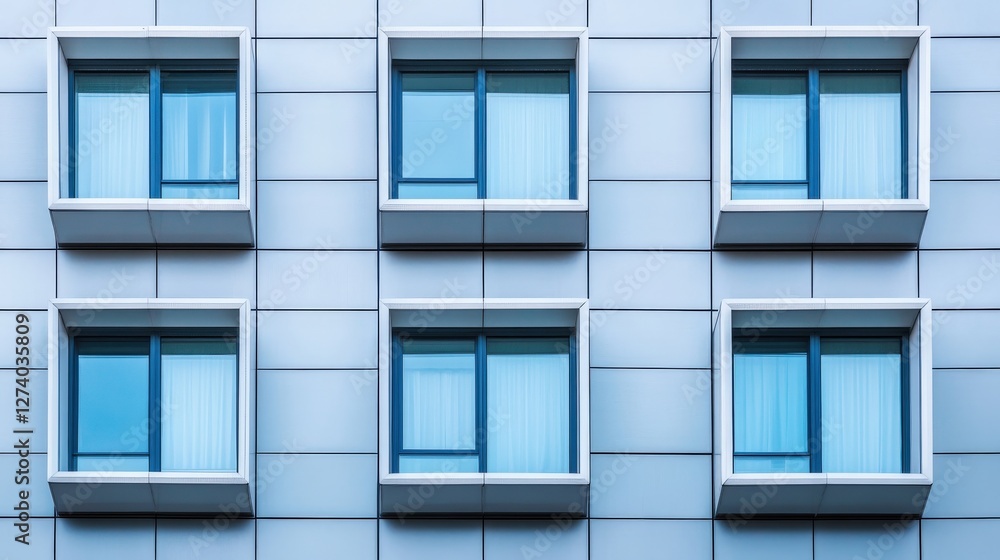 Modern architectural facade with symmetrical windows on a blue grid pattern Modern architectural facade with symmetrical windows on a blue grid pattern