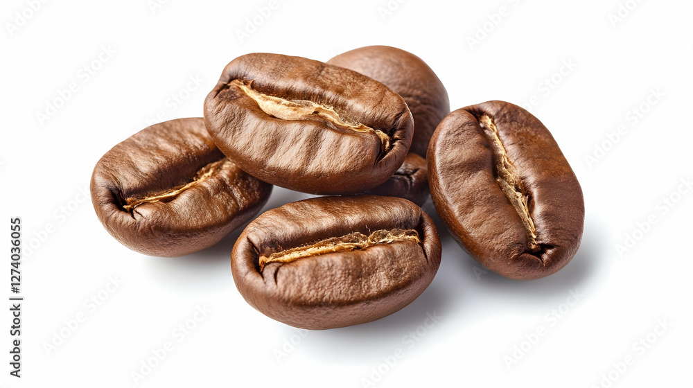 Fototapeta premium Roasted coffee beans, closeup, white background, beverage ingredient