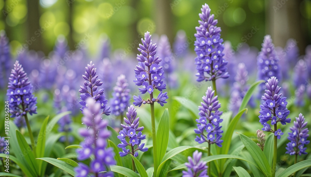 Fototapeta premium Vibrant clusters of bluebell flowers in lush green forest, nature's beauty