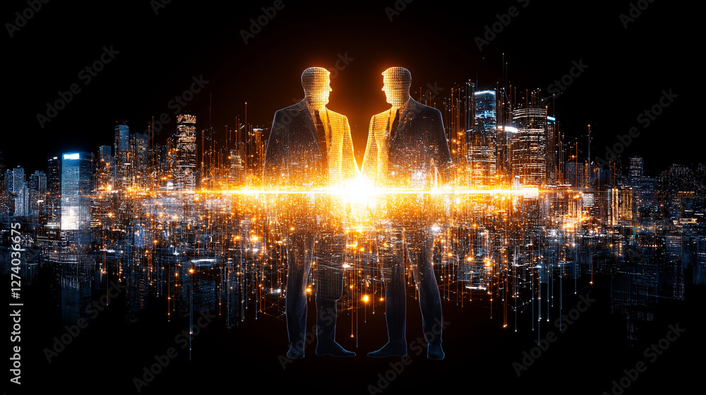Obraz premium Visionary Connection: Two figures in business suits face each other, symbolizing the future of business in a metropolis at night with golden light