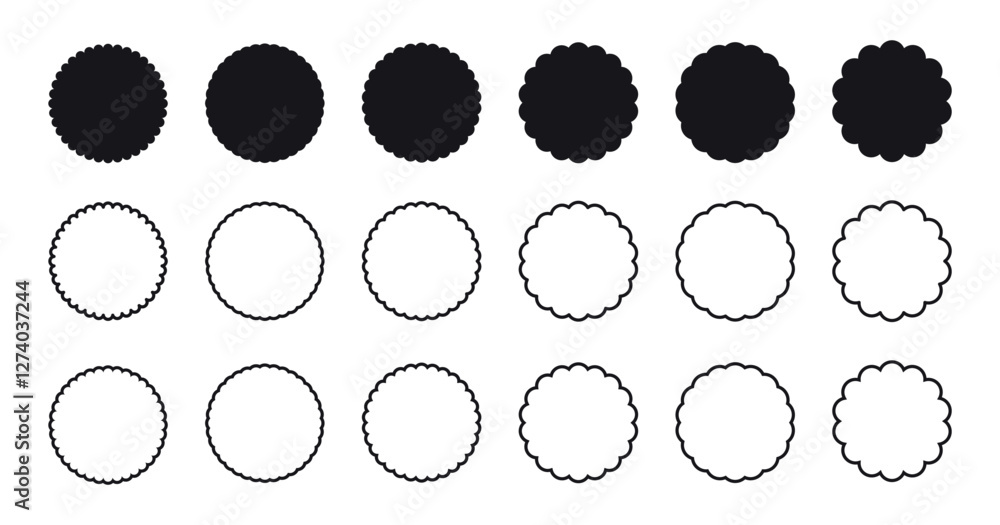Scalloped circle shape. Scalloped circle shape set in two styles. Scalloped circle frame. Scalloped circle shape. Scalloped circle shape set in two styles. Scalloped circle frame.