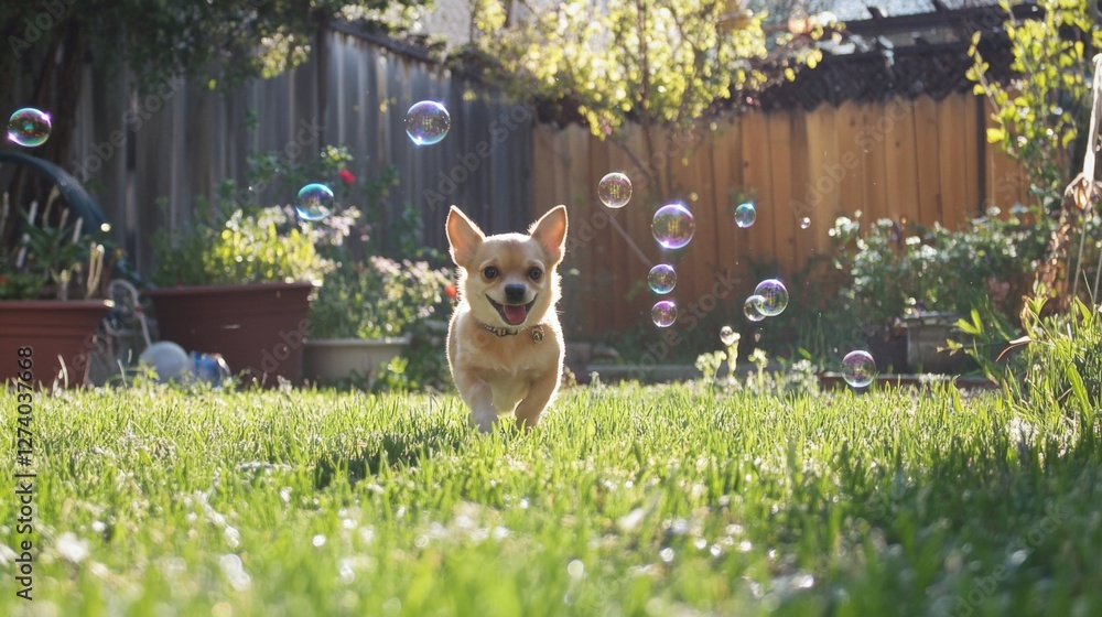 Fototapeta premium Adorable chihuahua running in a garden with bubbles