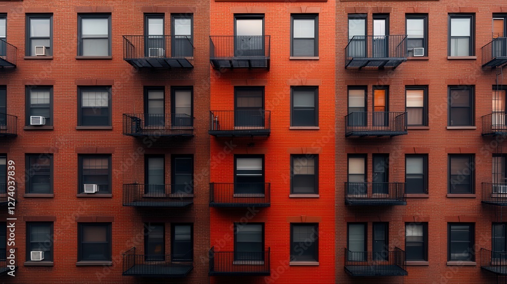 Obraz premium Symmetrical brick apartment building facade with balconies and windows