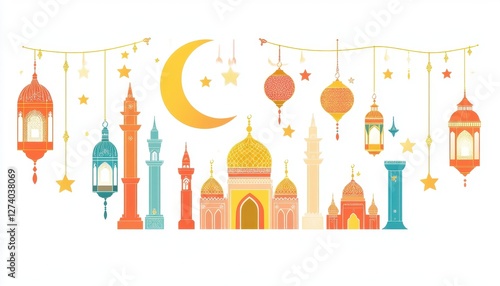 Colorful Islamic Festive Illustration with Mosques and Lanterns
