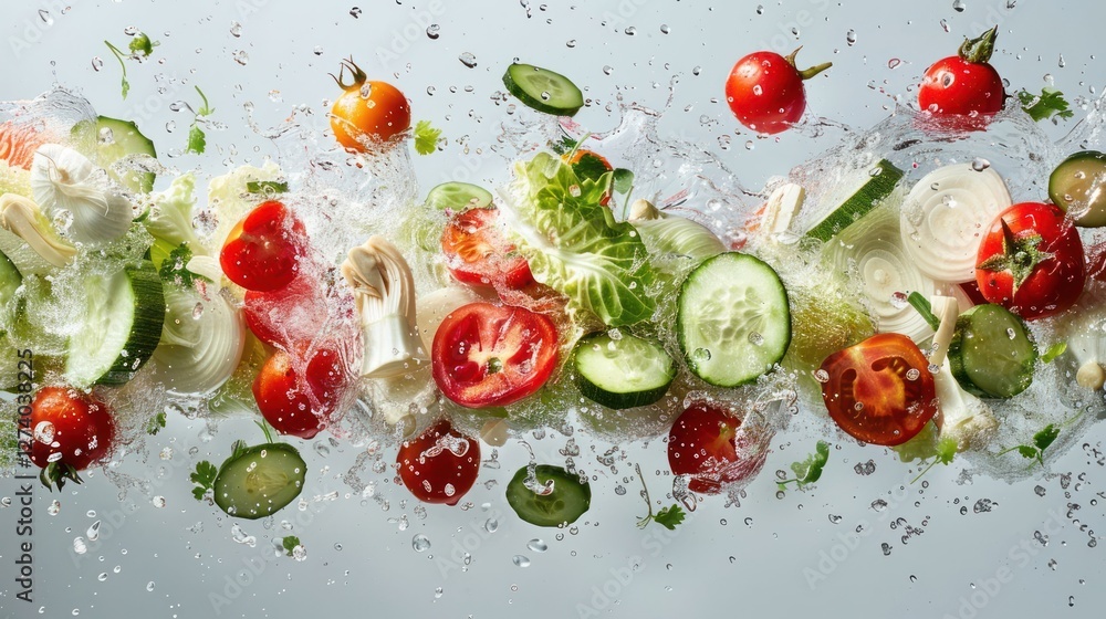 A splash of fresh vegetables and herbs, showcasing vibrant colors and textures. A splash of fresh vegetables and herbs, showcasing vibrant colors and textures.