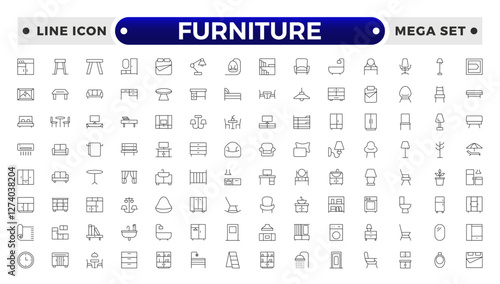 Furniture outline icon set. Home interior, linear icons. Piece of furniture for the living room, bedroom, office, workplace, children's room and kitchen.