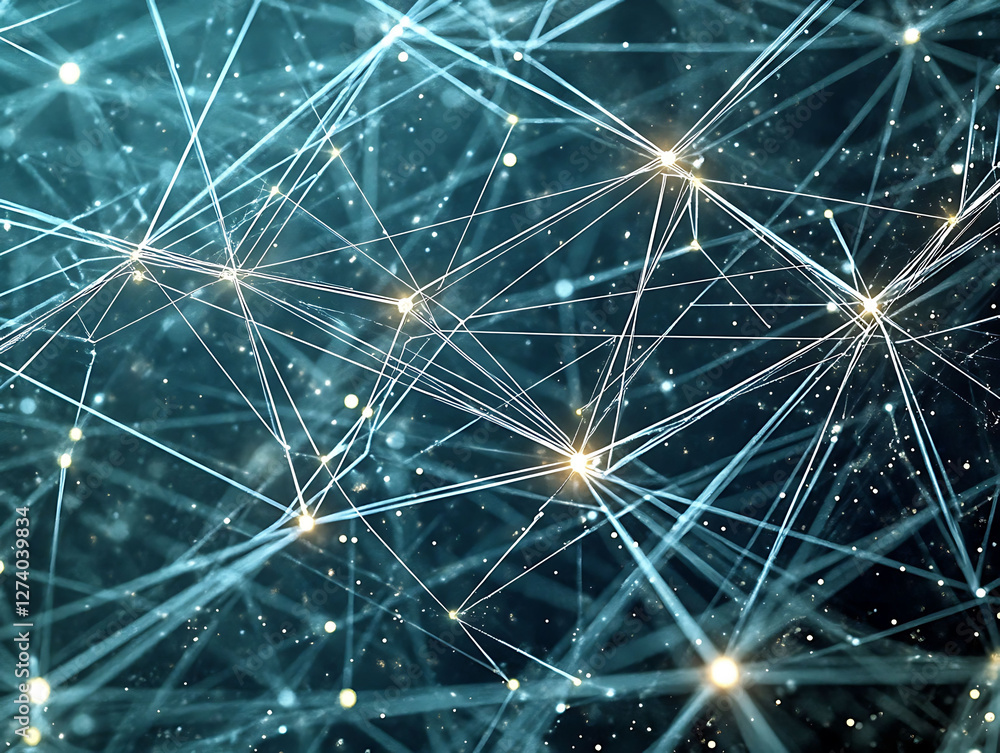 Obraz premium Abstract teal network connection. Glowing nodes lines create a complex web, perfect for tech, AI, global communication, or data visualization projects.