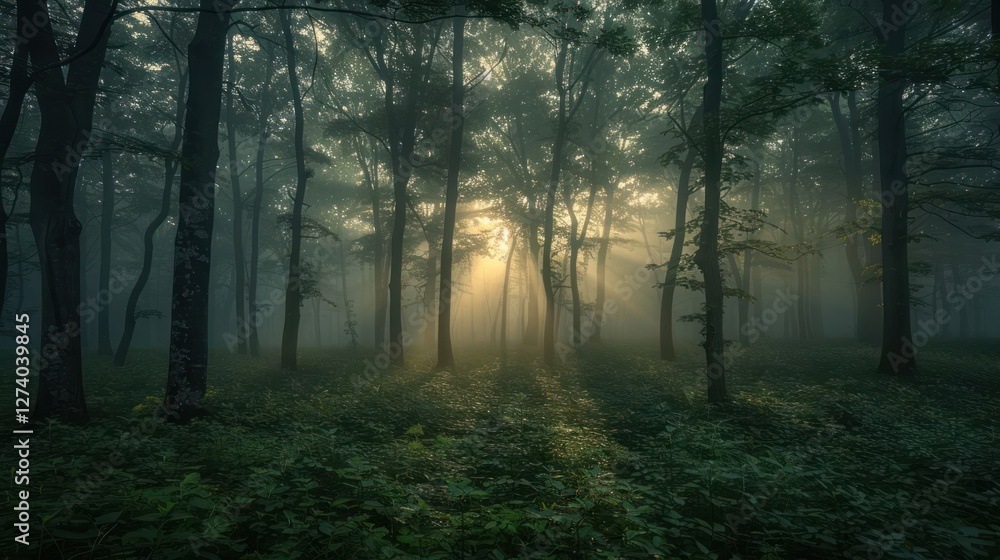 Fototapeta premium A misty forest scene with sunlight filtering through trees, creating a serene atmosphere.