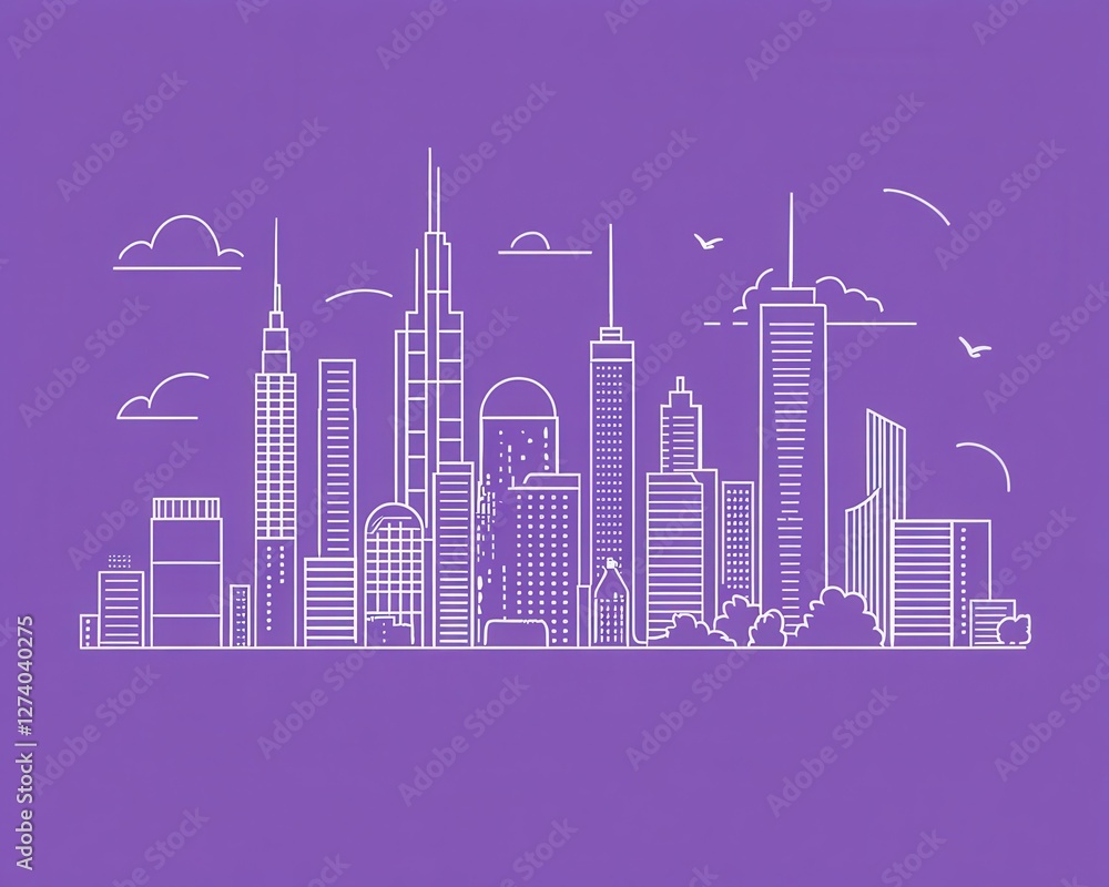 Obraz premium City Skyline Minimalist Line Art on Purple Background