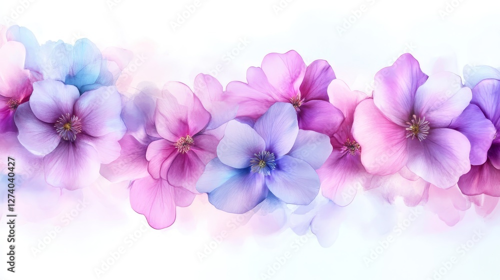 Obraz premium Delicate Pastel Blossoms - A watercolor- of pastel pink and blue flowers arranged in a horizontal row on a white background. Perfect for spring and summer designs
